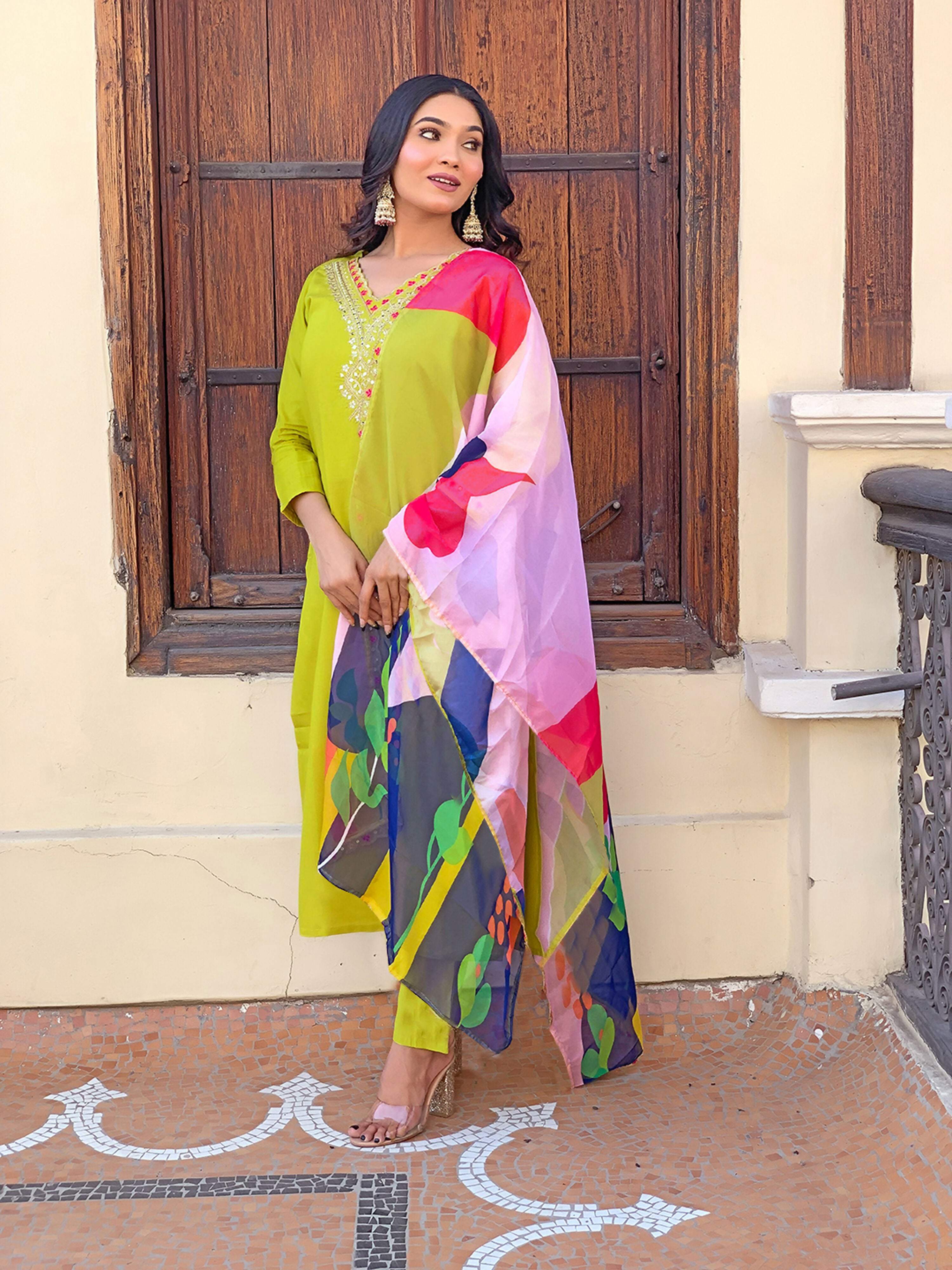 Partywear Designer Viscose Lemon Stitched Suit With Dupatta - Tanisha | Grocsy