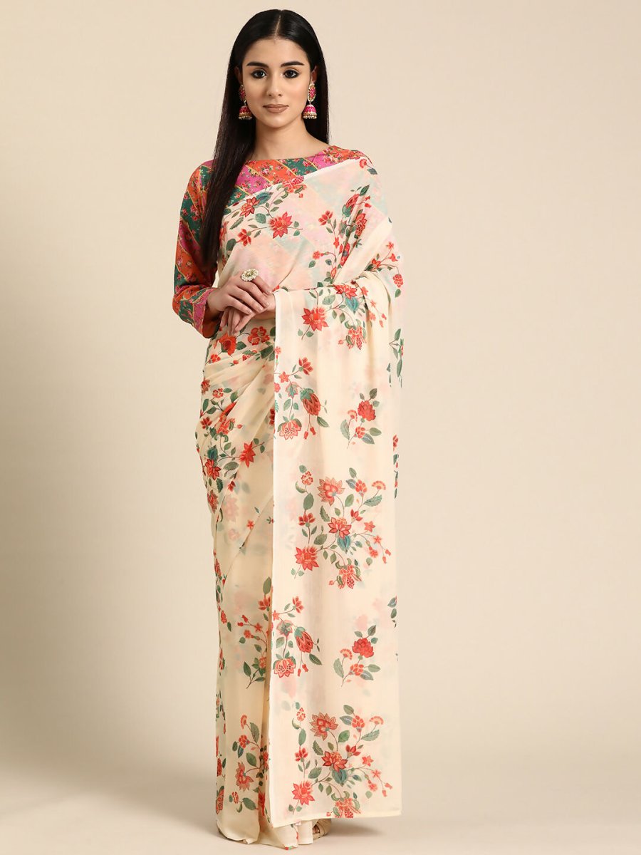 Ahalyaa Women's Traditional Semi Stitch Saree - Off White | Grocsy