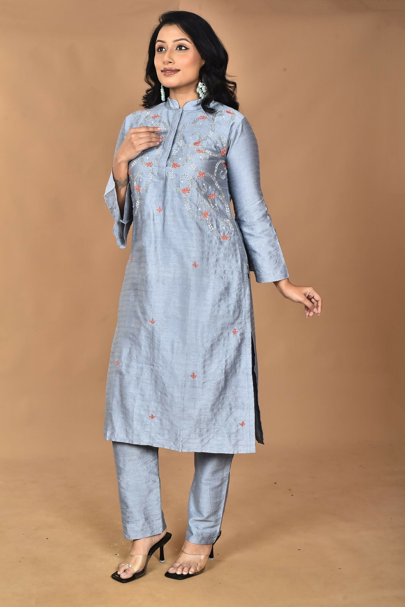 Morchari Women And Hand Embroidery Co-Ord Set-Grey | Grocsy
