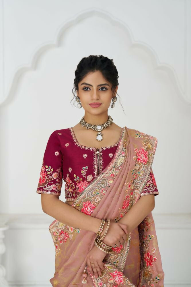 Kesar Fab Pretty Peach: Multicolor Embroidery With Blooming Floral Designs Saree | Grocsy