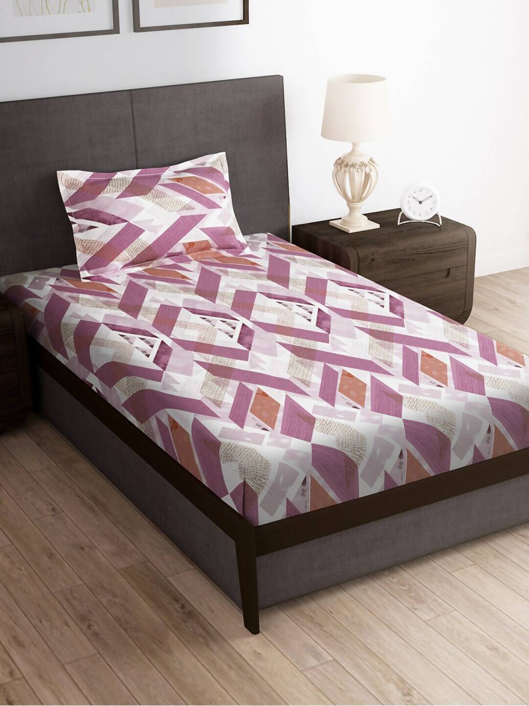 Story@home Arena Pink & White Geometric Printed 180 TC Bedsheet & Pillow Covers | Grocsy