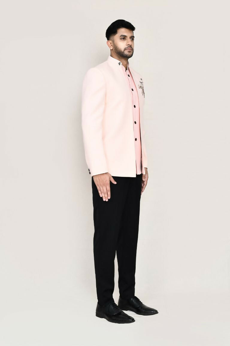 Joban Fashion Peach Colored Imported Polyester Fabric Open Prince Coat, Jacket With Pant | Grocsy