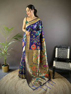 Joban Fashion Blue Zari Woven Floral Motifs Soft Silk Paithani Silk Saree | Grocsy