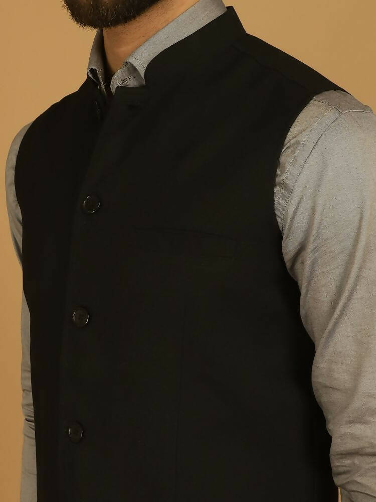 Even Apparels Nehru Jacket With Welt Pockets - Black | Grocsy