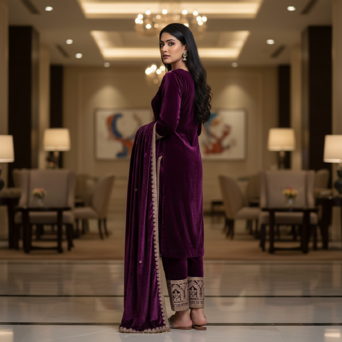 Joban Fashion Purple Velvet Embroidery Sequence Work Readymade Kurta Set | Grocsy