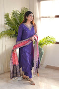 The52 Purple Women's Gorgeous Embroidered Vichitra Fabric Straight Kurta Pant with Dupatta Set | Grocsy