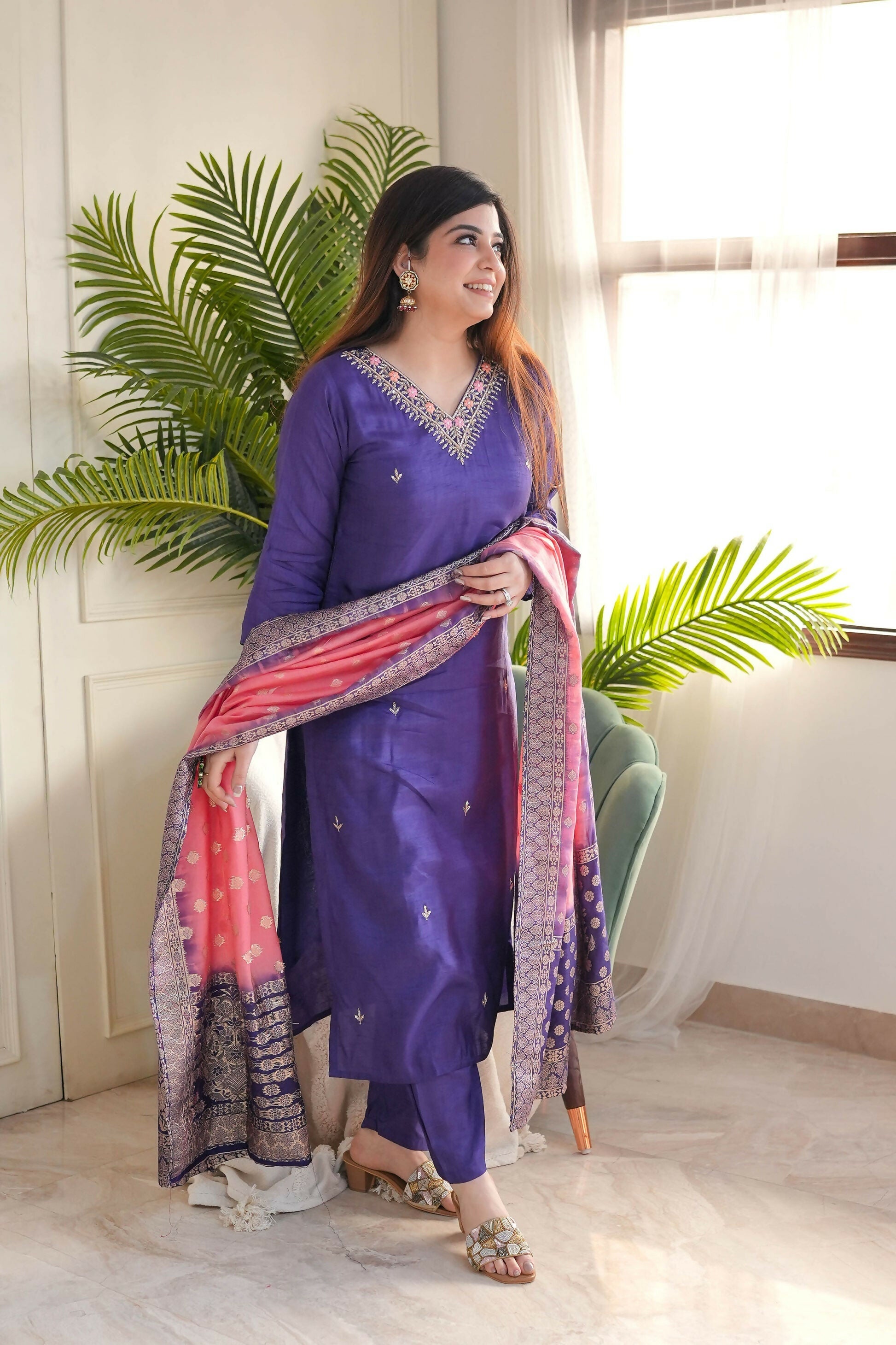 The52 Purple Women's Gorgeous Embroidered Vichitra Fabric Straight Kurta Pant with Dupatta Set | Grocsy