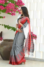 Beatitude Grey Temple Border Cotton Saree | Grocsy