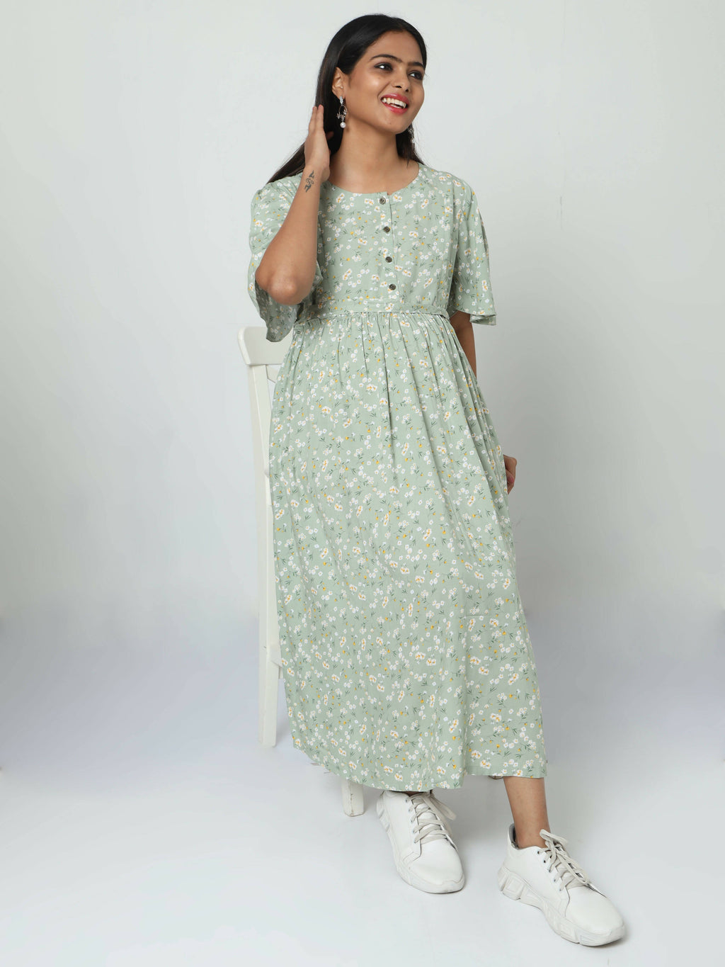 Manet Frill Slevees Maternity Dress Floral Print With Concealed Zipper Nursing Access - Green | Grocsy