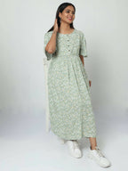 Manet Frill Slevees Maternity Dress Floral Print With Concealed Zipper Nursing Access - Green | Grocsy