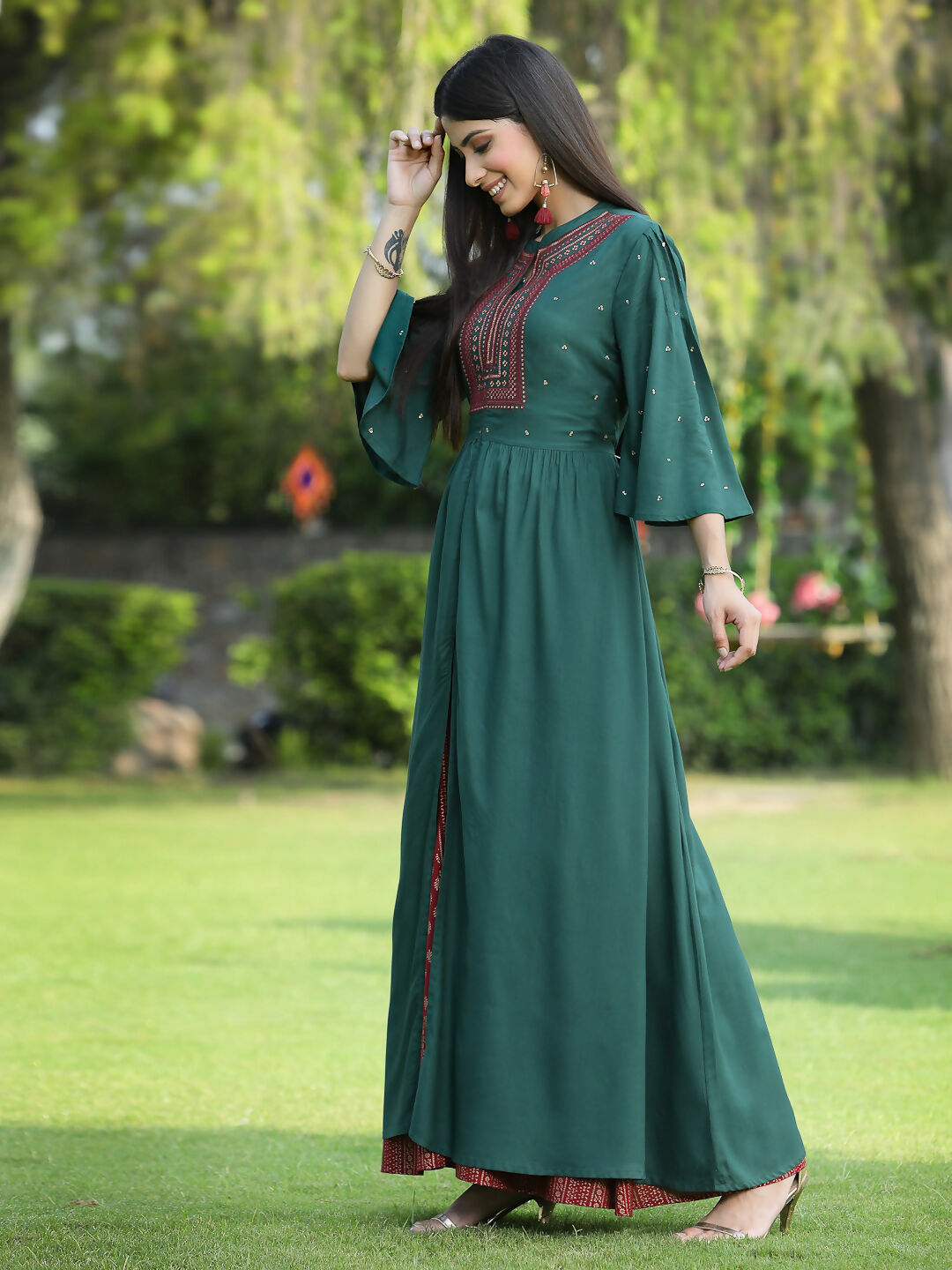 Juniper Jade Green Ethnic Motif Printed Rayon High-Slit Kurta & Palazzo Set With Thread Work Embroidery | Grocsy