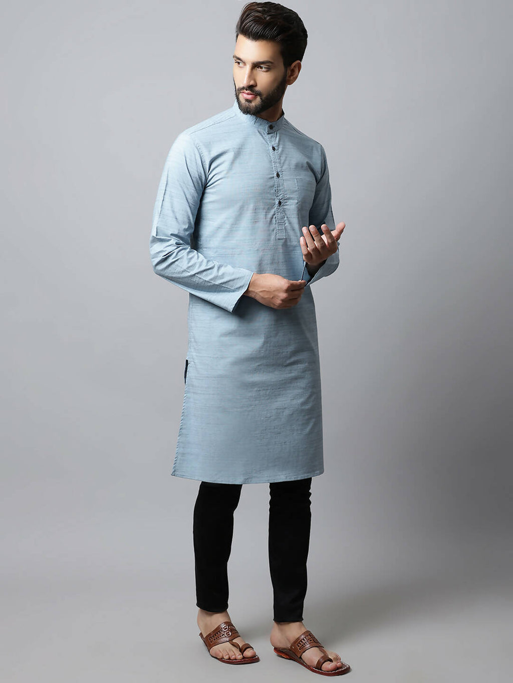Even Apparels Blue Color Cotton Pure Cotton Men's Kurta With Side Placket (SLD1156) | Grocsy