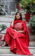 Kaajh Women's Red Bhandej Embroidered Kurta Sharara With Dupatta Set | Grocsy