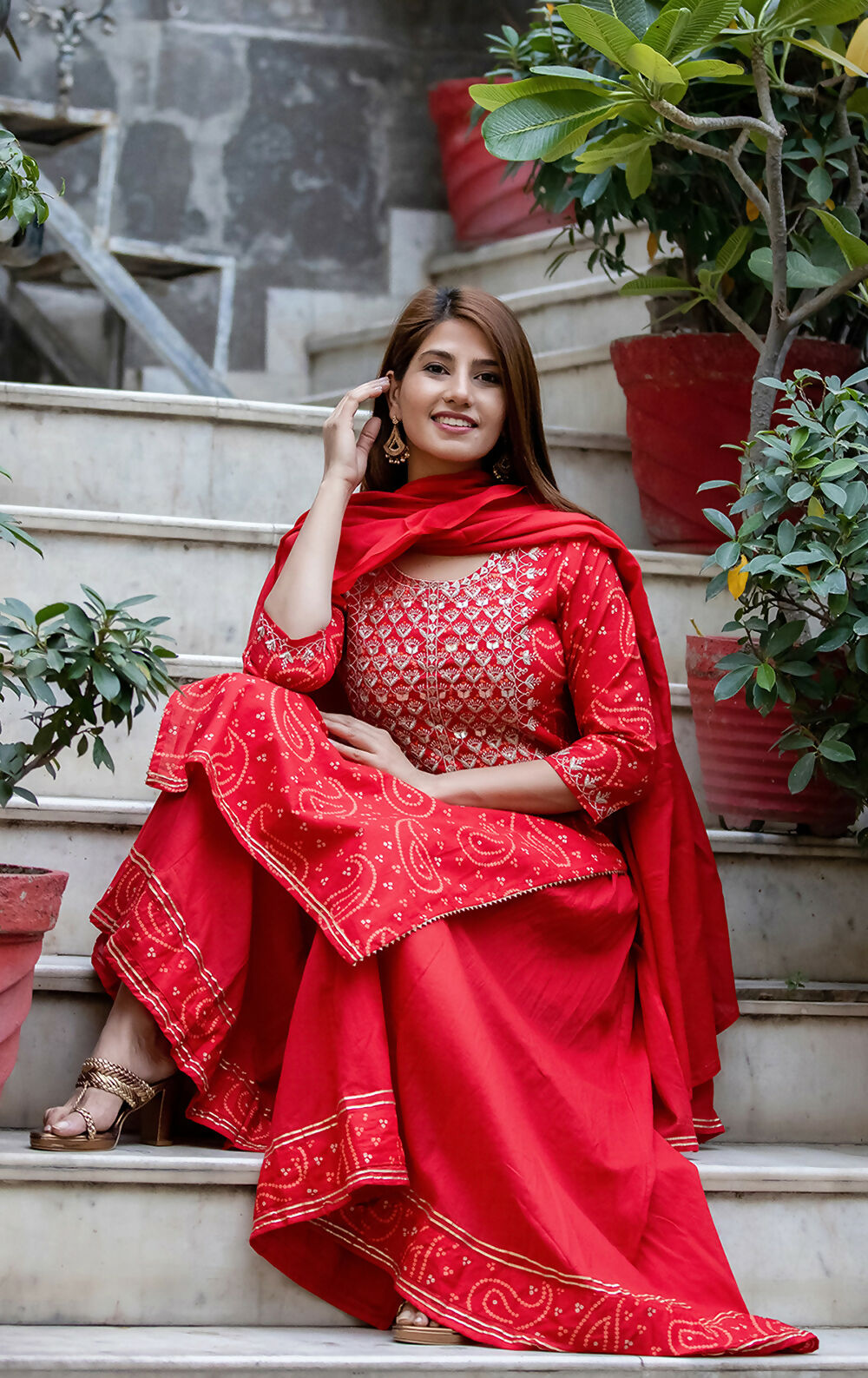 Kaajh Women's Red Bhandej Embroidered Kurta Sharara With Dupatta Set | Grocsy