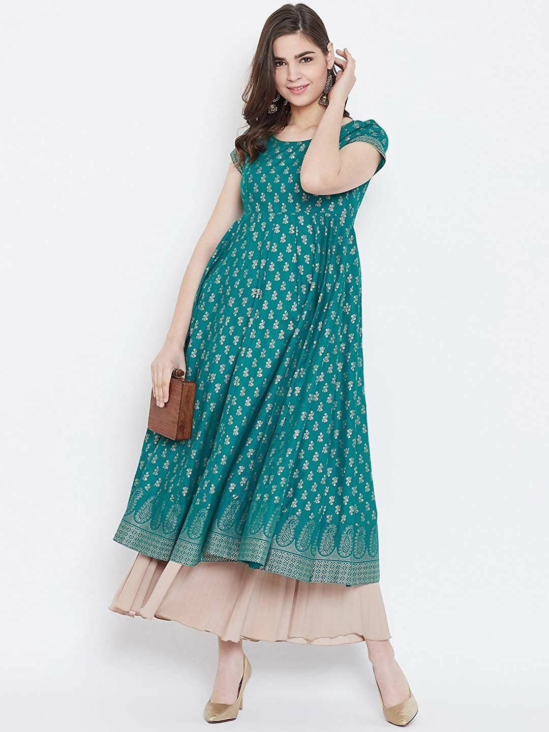 Cheera Embellished Daily Wear Cotton Blend Kurta - Turquoise Green | Grocsy