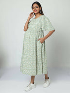 Manet Frill Slevees Maternity Dress Floral Print With Concealed Zipper Nursing Access - Green | Grocsy