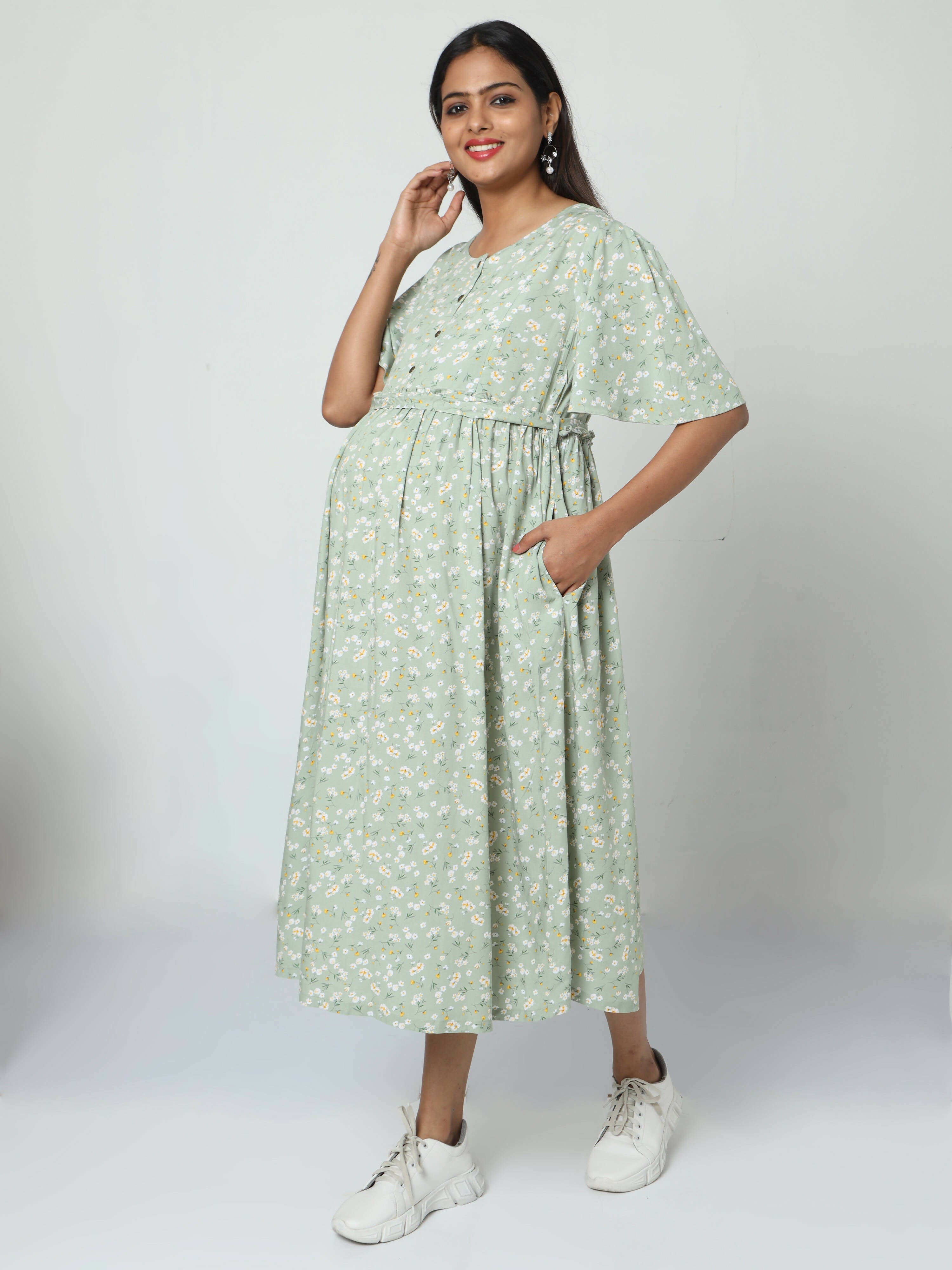 Manet Frill Slevees Maternity Dress Floral Print With Concealed Zipper Nursing Access - Green | Grocsy