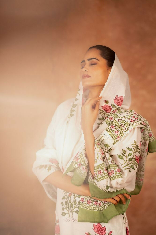 Joban Fashion Off White Red Hand Block Printed Cotton Suit Set | Grocsy