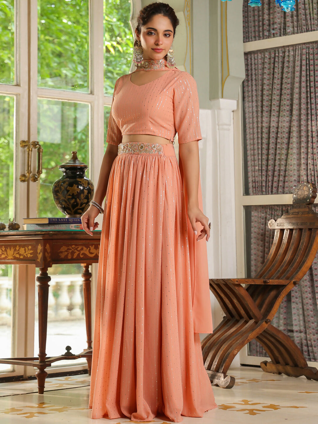 Janasya Peach Georgette Foil Print Lehenga Choli Dupatta | Grocsy