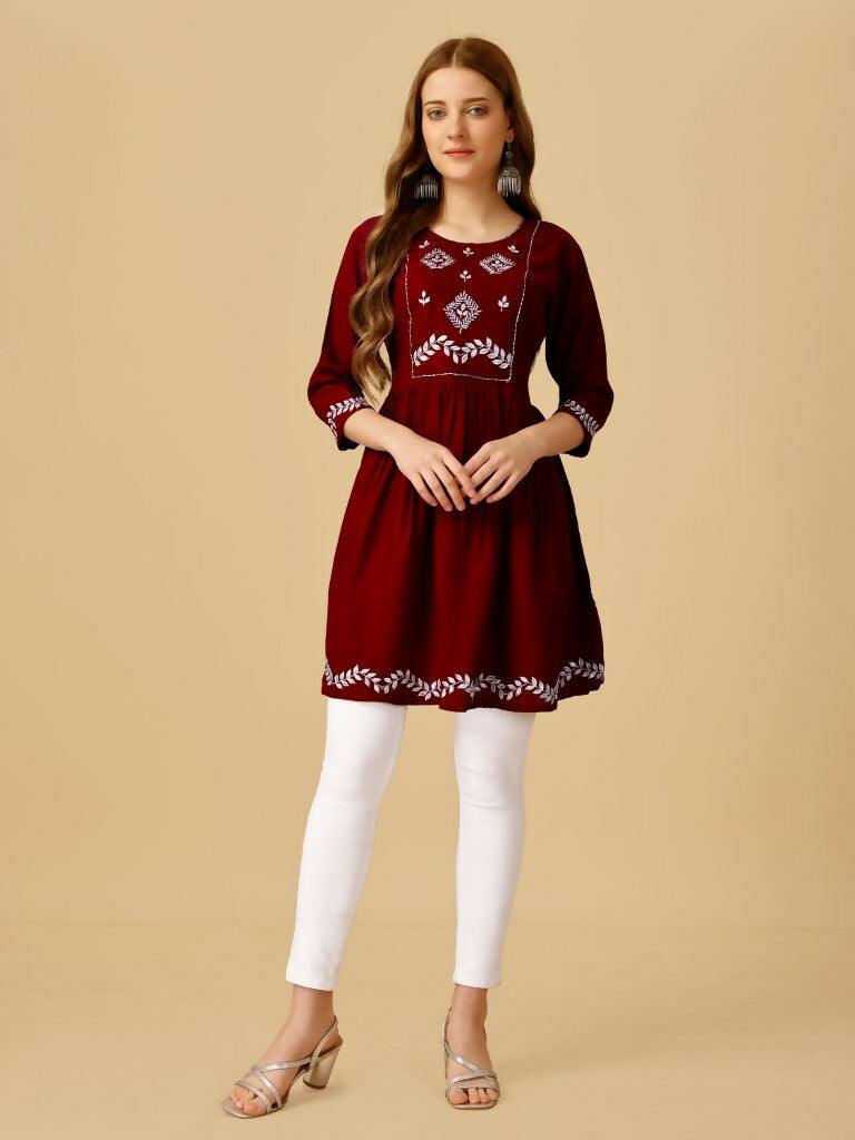 Jyoti Fashion Women's Maroon Viscose Rayon Embroidered Casual Top | Grocsy