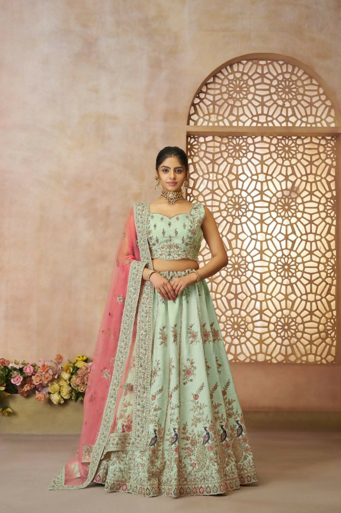Kesar Fab Green Zari Silk Hand_Woven Lehenga | Grocsy