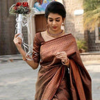 DEIANA'S Beautiful Designer Golden zari Soft Lichi Silk Saree - Brown | Grocsy
