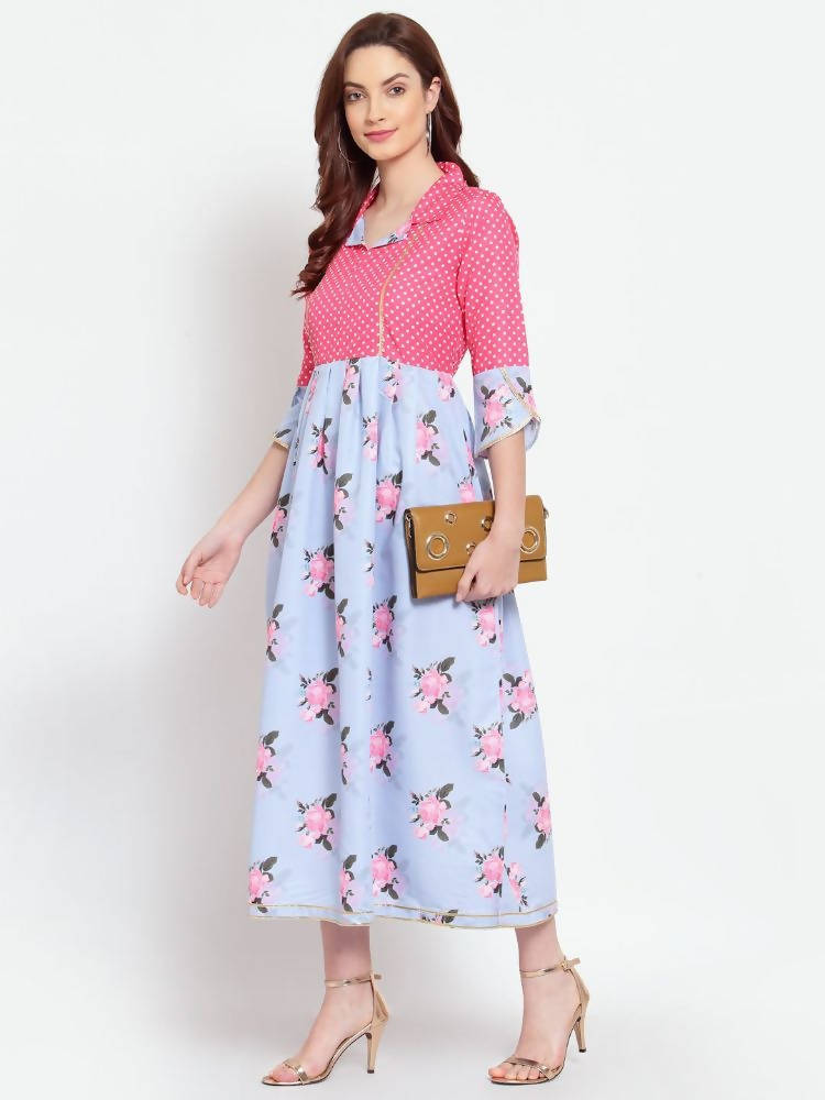 Myshka Women's Multi Printed Cotton Blend 3/4 Sleeve Shirt Coller Casual Dress | Grocsy