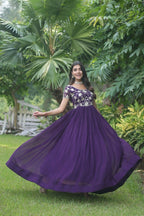 Jyoti Fashion Women's Purple Sequins Embroidered Faux Georgette Anarkali Dress | Grocsy