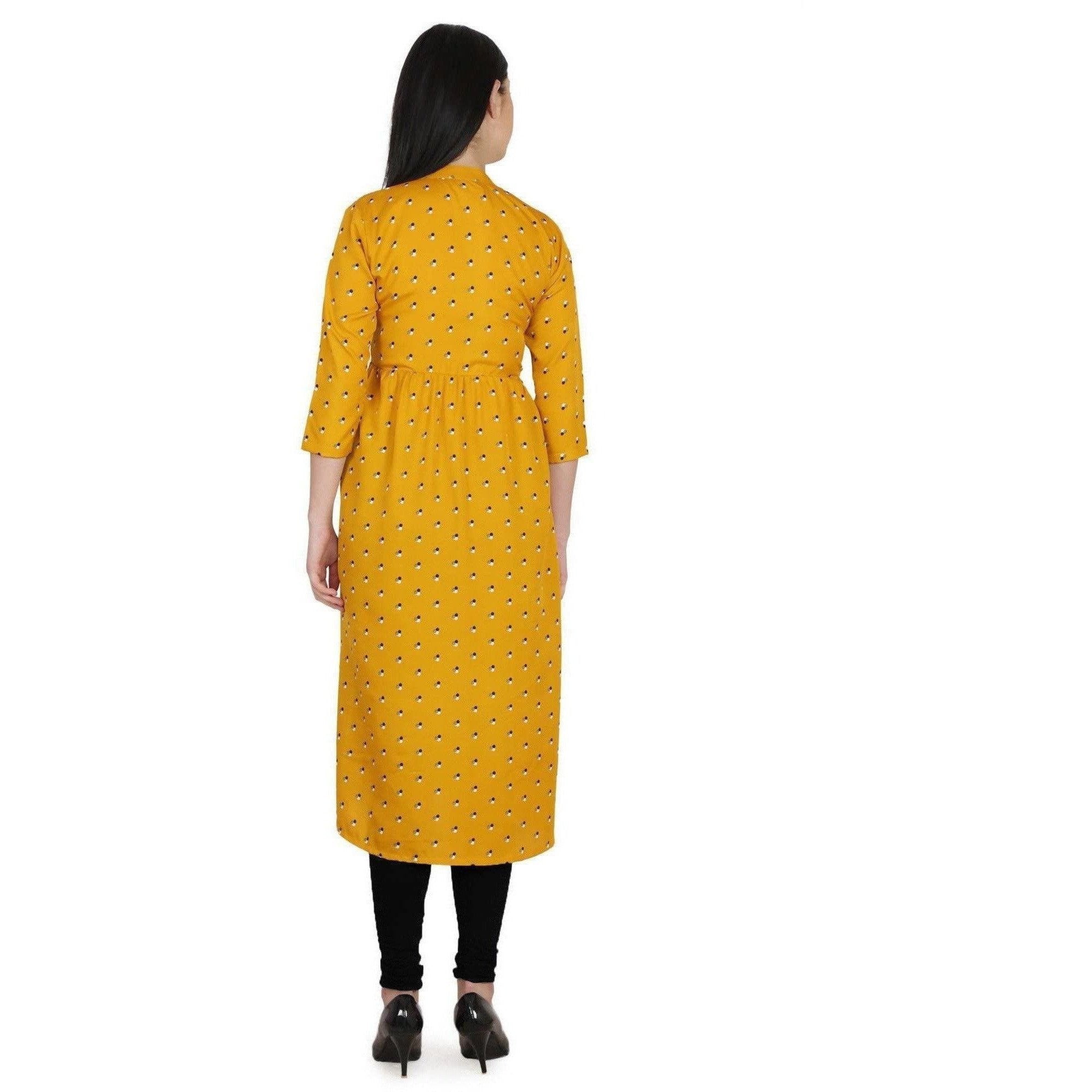 Kanoor Women's Yellow A Line Round Neck Kurti | Grocsy