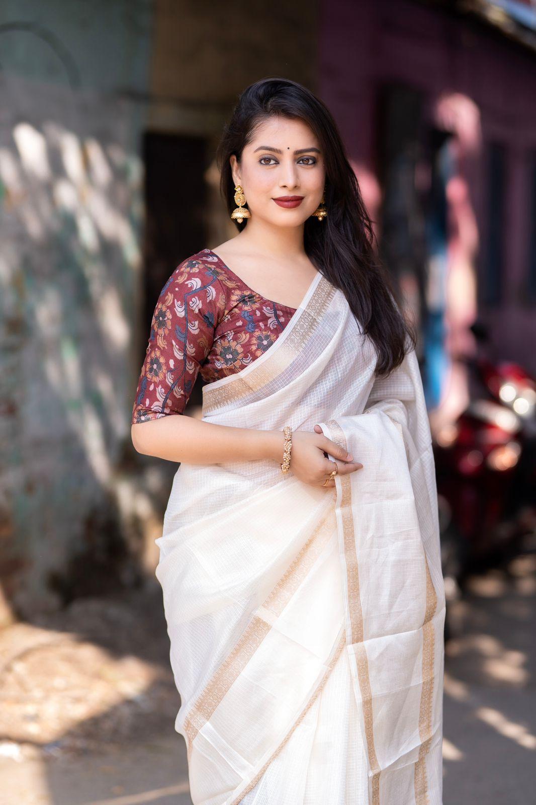 White Silk Blend Kalamkari Saree with Unstitched Blouse - A2M | Grocsy