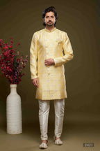 Raivat Ethnic Banarasi Jacquard Embroidery Semi Indo Western Sherwani In Yellow Colour | Grocsy