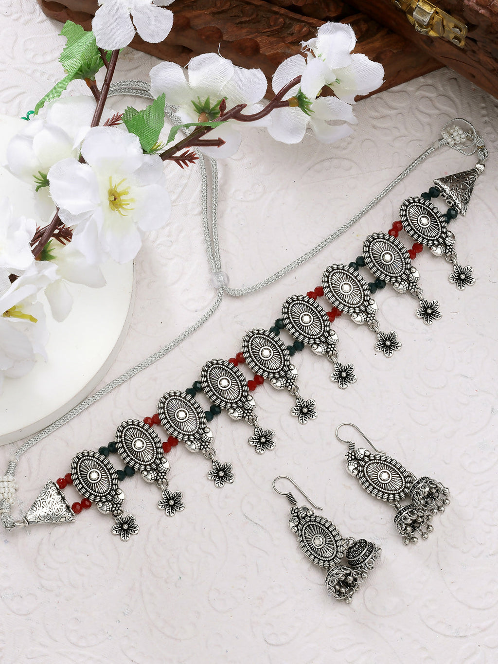 NVR Women's Silver-Plated Choke Oxidized Necklace with Jhumka Earrings | Grocsy