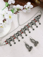 NVR Women's Silver-Plated Choke Oxidized Necklace with Jhumka Earrings | Grocsy