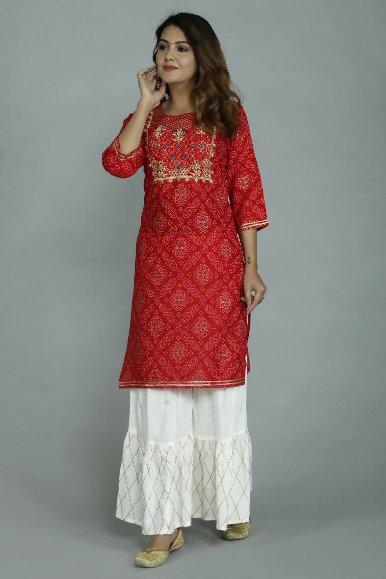 Alvano Printed Stylish A-line Kurti with Sharara set for Women and Girls Rayon (Orange) | Grocsy