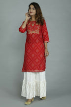 Alvano Printed Stylish A-line Kurti with Sharara set for Women and Girls Rayon (Orange) | Grocsy