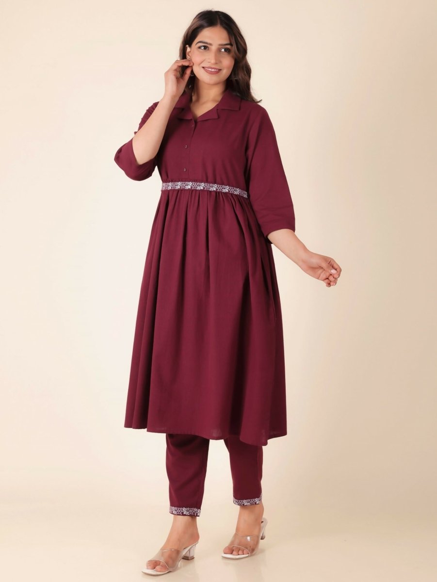 Aramya Maroon Linen Cotton Solid Print A-line Kurta Set for Women | Grocsy
