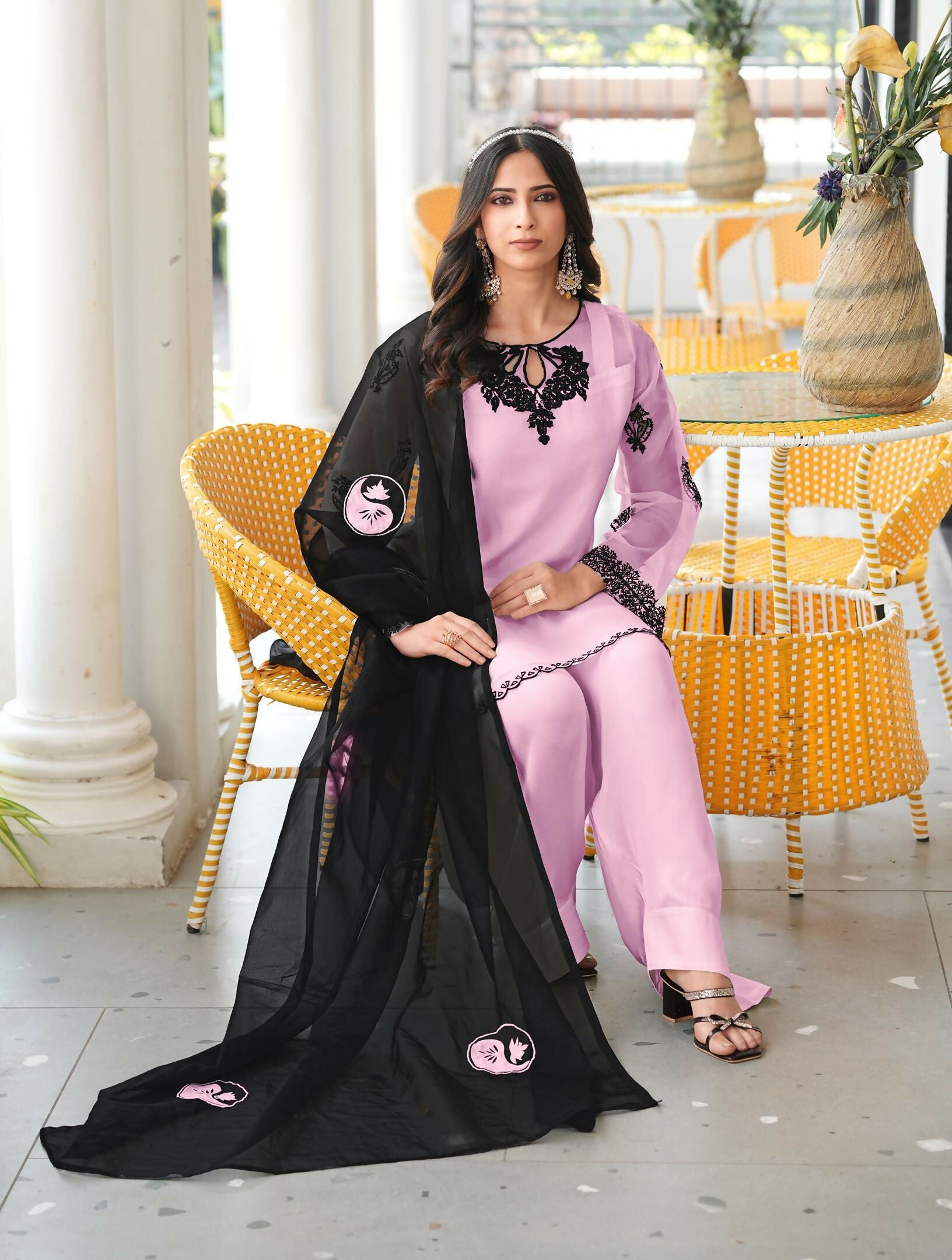 Nikhaar Light Pink Embroidered Organza Stitched Straight Cut Kurta Farshi Salwar Dupatta Readymade Suit | Grocsy