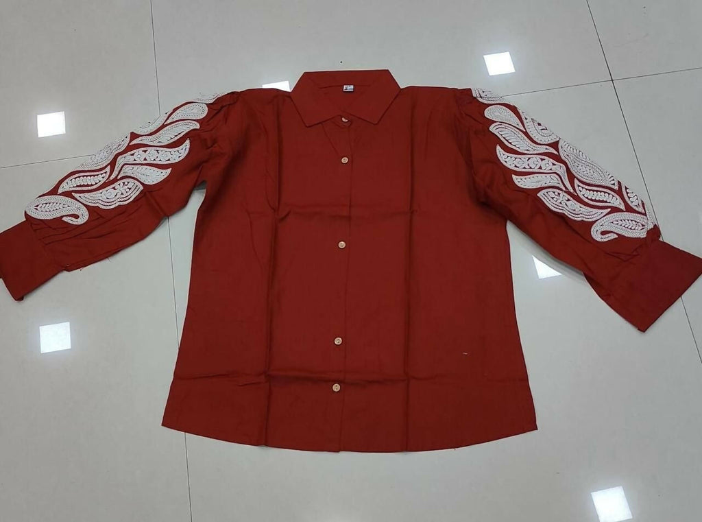 Teeya Creation Women Trendy Rust Cotton Button-Down Top with White Contrast Embroidered Sleeves | Grocsy