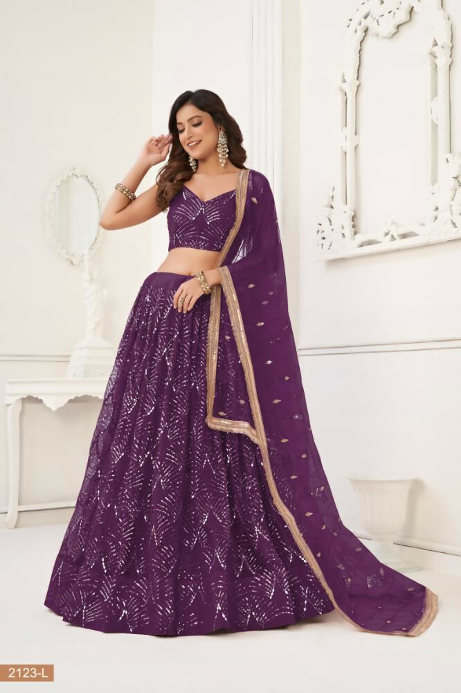 Aastha Fashion Wine Butterfly Net Tone To Tone Thread Work, Sequence Work And Original Mirror Work Embroidery Wedding Wear Lehenga Choli | Grocsy