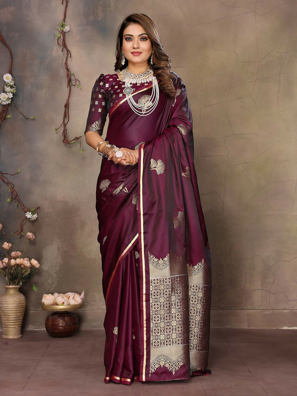 Joban Fashion Maroon Floral Motifs Banarasi Silk Sarees | Grocsy