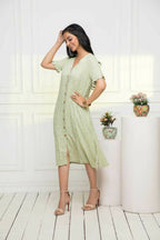 Myshka Women Ethnic Motifs Rayon A-Line V-Neck Green Dress | Grocsy