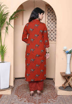Miravan Womens Rust Animal Printed Three Quarter Sleeves Pure Cotton Kurta With Palazzo | Grocsy