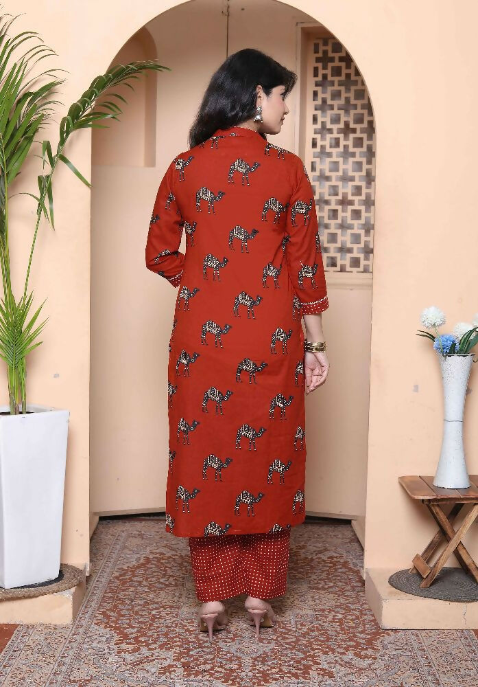 Miravan Womens Rust Animal Printed Three Quarter Sleeves Pure Cotton Kurta With Palazzo | Grocsy
