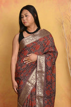 Very Much Indian Modal Silk Ajrakh Handblock Printed Natural Dyes With Designer Border Saree - Maroon | Grocsy