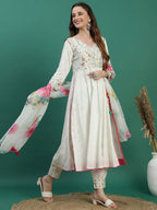 Sangria White Floral Embroidered Mirror Work Angarakha Kurta With Trousers & Dupatta | Grocsy