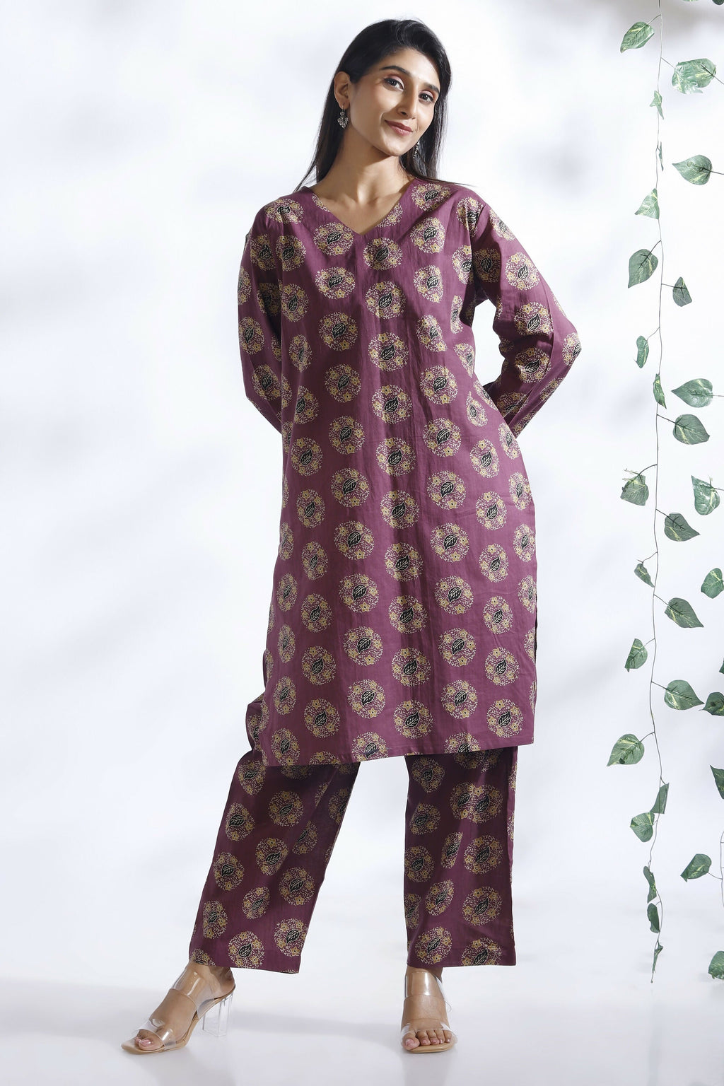 Breathables Wine Butta Print Cotton Kurta & Pants Set | Grocsy
