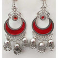 MS Fashion India Red Enamel Silver Oxidized Half Moon Triple Jhumka Floral Hanging Earrings | Grocsy