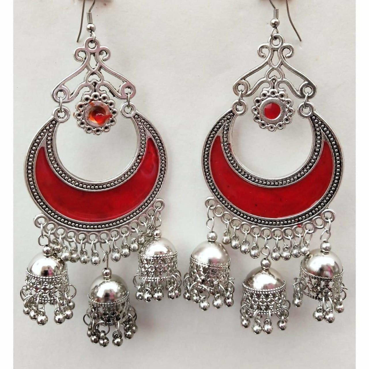 MS Fashion India Red Enamel Silver Oxidized Half Moon Triple Jhumka Floral Hanging Earrings | Grocsy