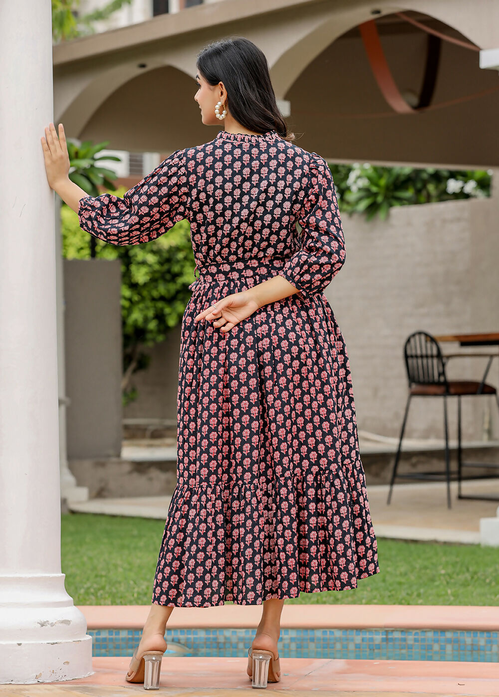 Kaajh Women's Black Bagru Print Floral Cotton Dress | Grocsy