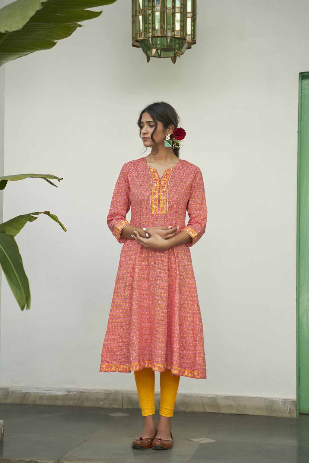 Peach Cotton Floral Printed A line Kurta - Prasuti | Grocsy